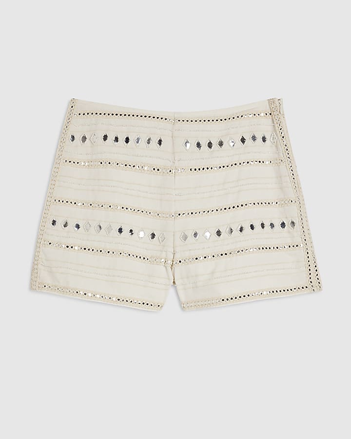 Cream Mirror Embroidered Hotpant Shorts