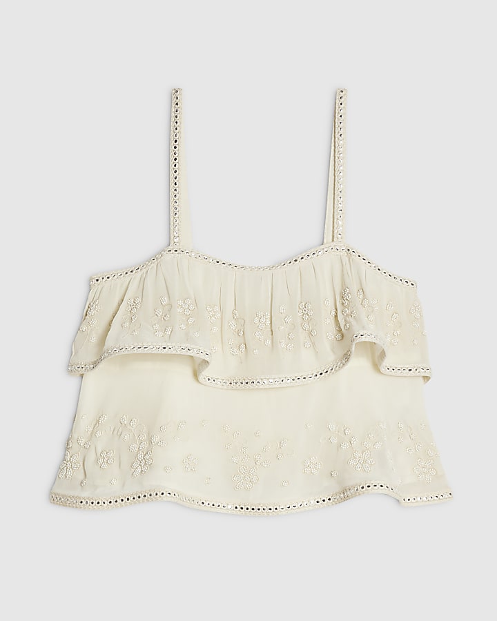 Cream Embellished Tiered Cami Top