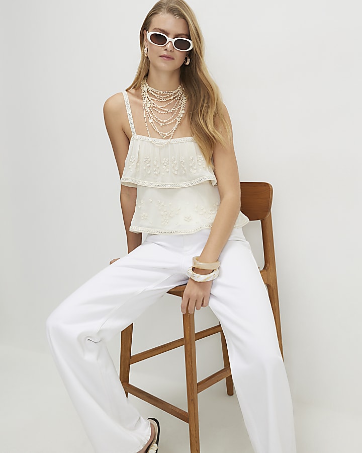 Cream Embellished Tiered Cami Top