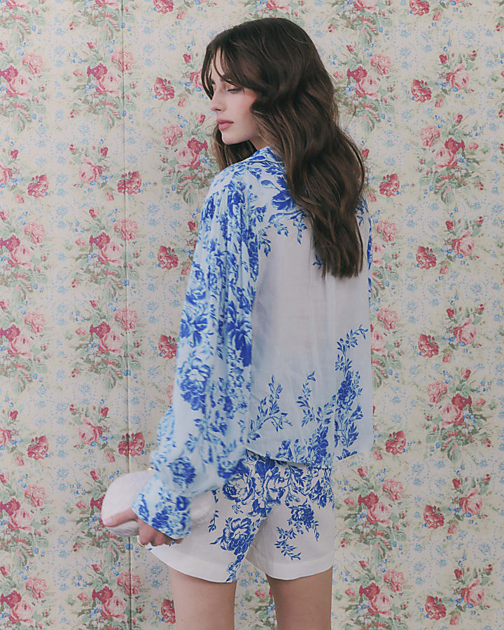 Blue Floral Boarder Print Shorts