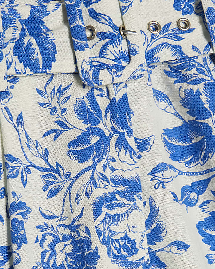 Blue Floral Boarder Print Linen Blend Shorts