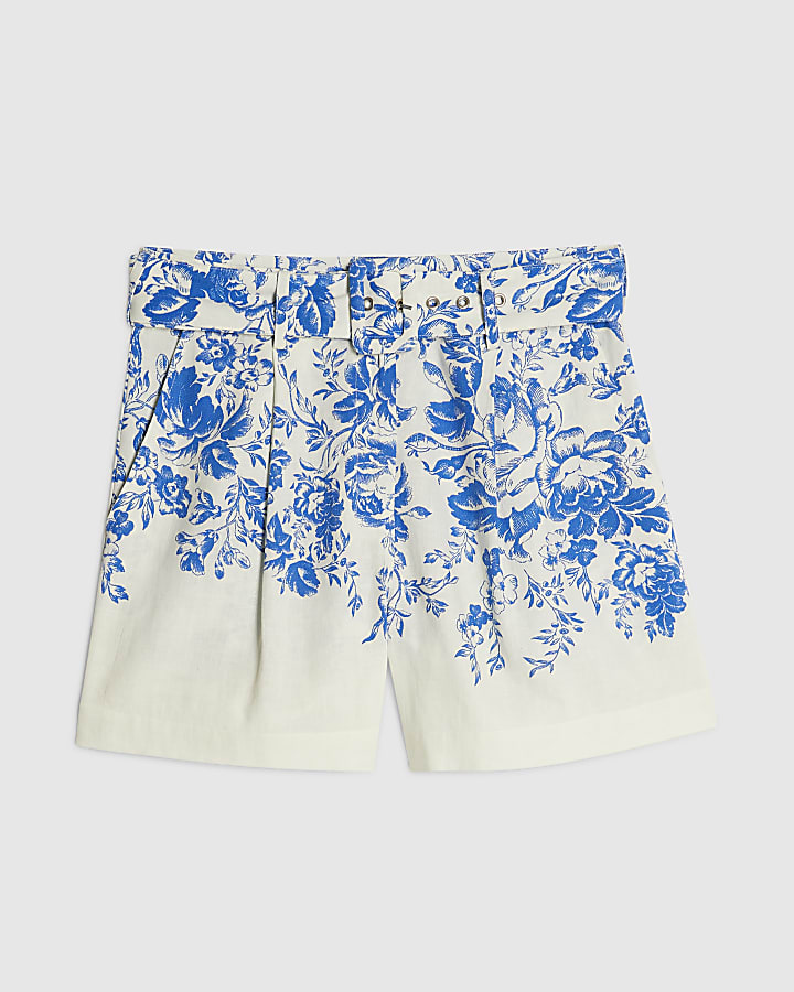 Blue Floral Boarder Print Linen Blend Shorts