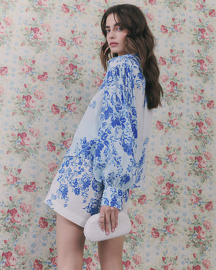Blue Floral Boarder Print Blouse