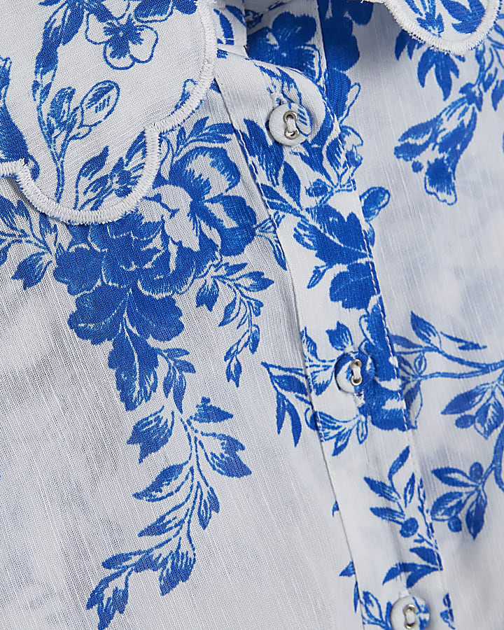 Blue Floral Boarder Print Linen Blend Blouse
