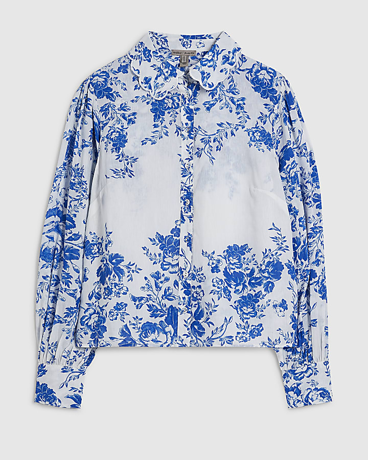 Blue Floral Boarder Print Linen Blend Blouse