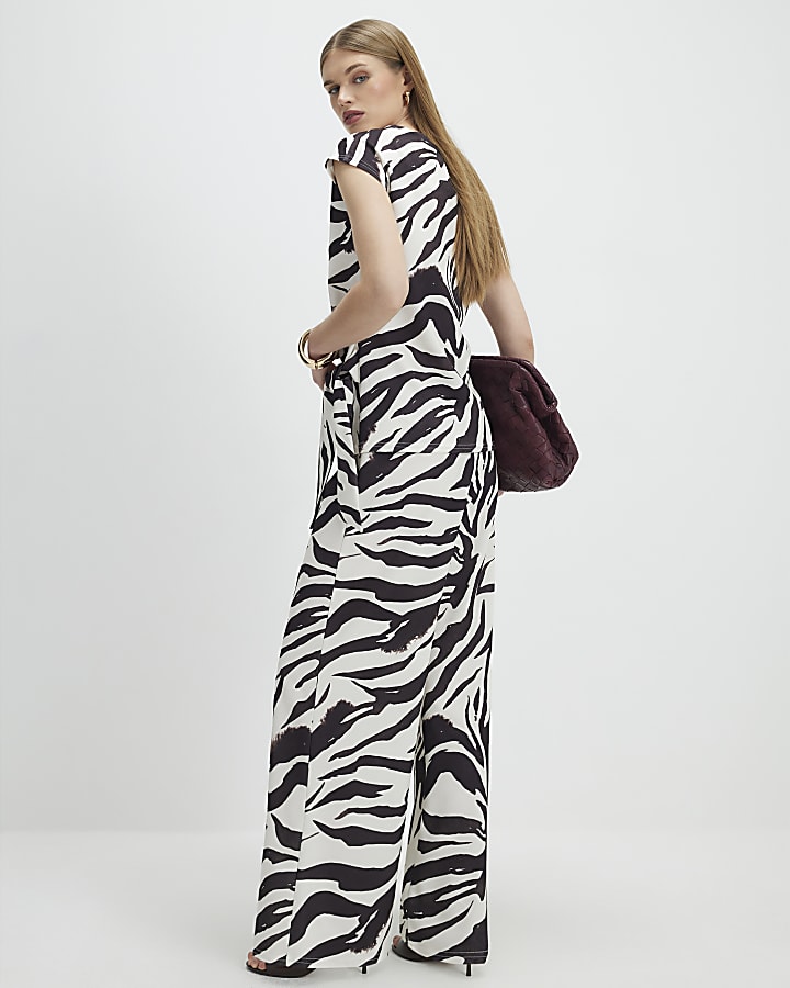 White Zebra Print Wide Leg Trousers