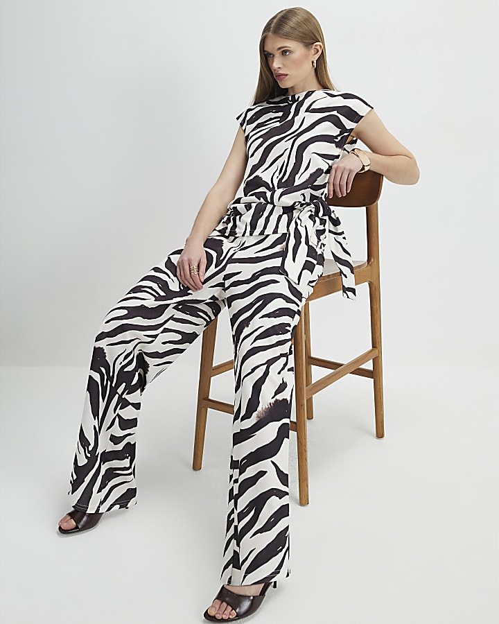 White Zebra Print Wide Leg Trousers