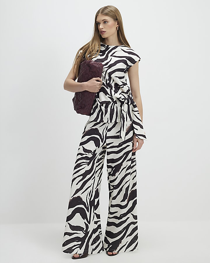 White Zebra Print Wide Leg Trousers