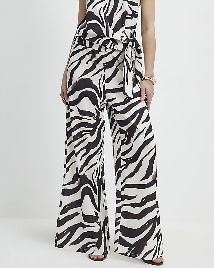 White Zebra Print Wide Leg Trousers