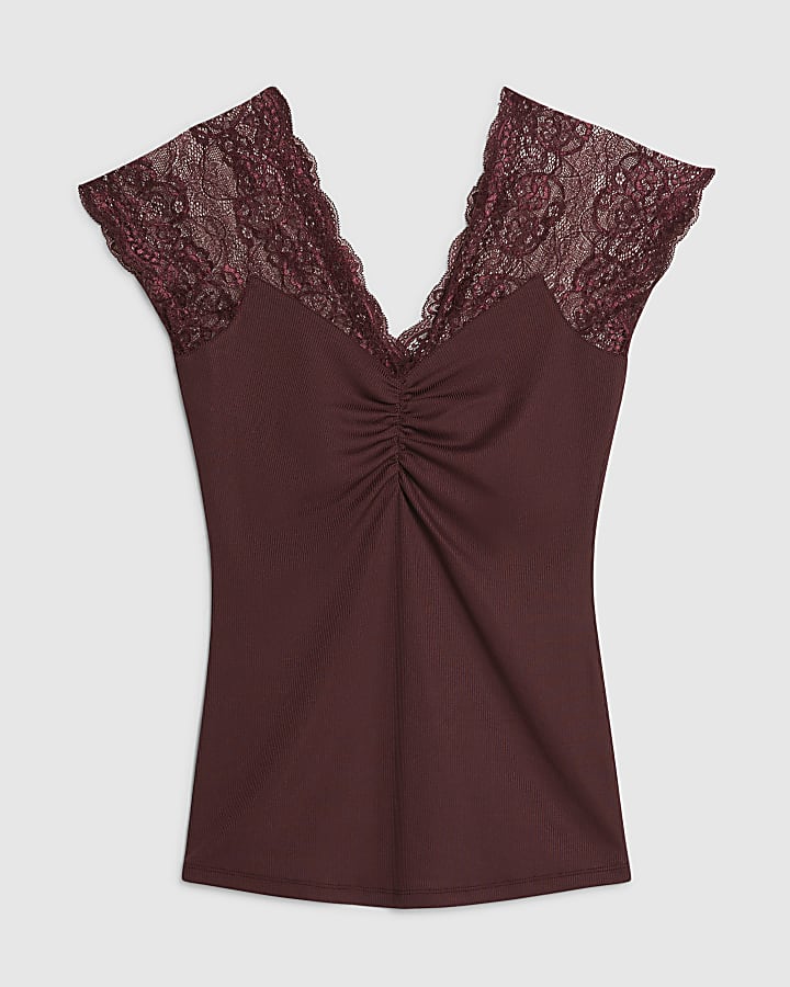 Red Short Sleeve Lace Trim Ruched Top