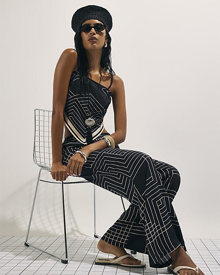 Black Geometric Print Trousers