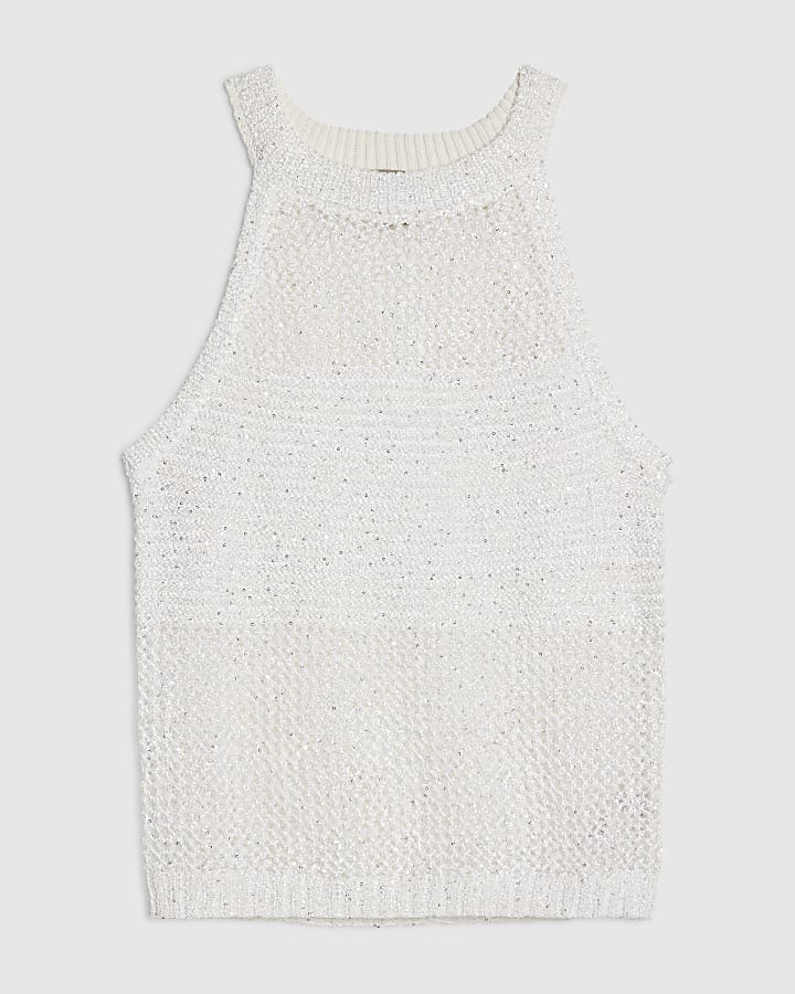 White Knitted Pointelle Sequin Vest Top