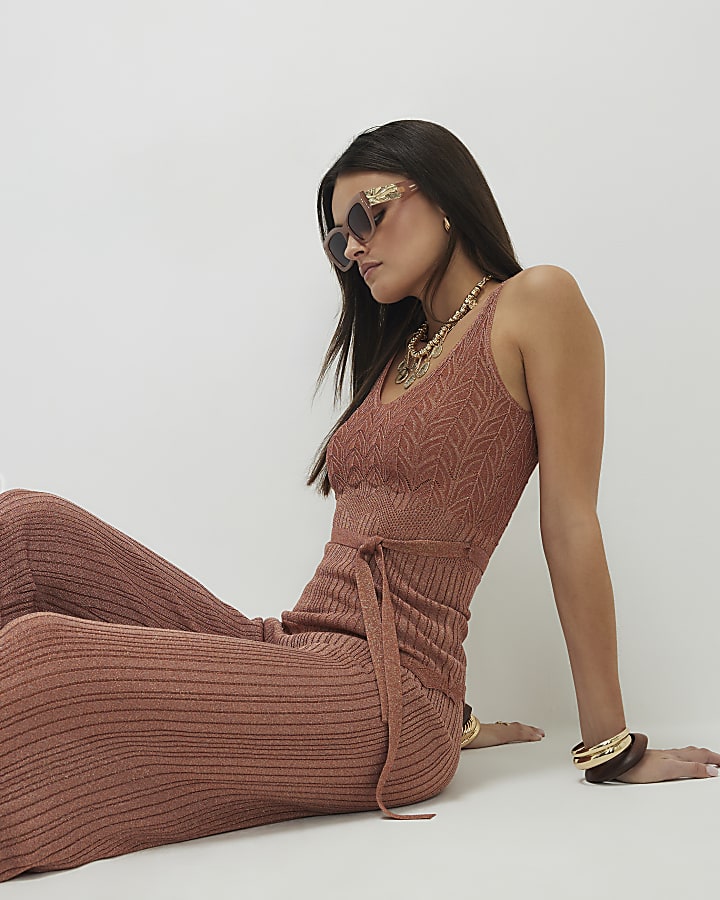 Brown Metallic Knit Vest Top