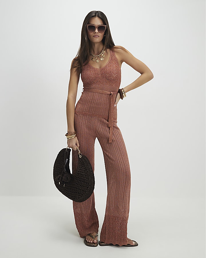 Brown Metallic Knit Vest Top