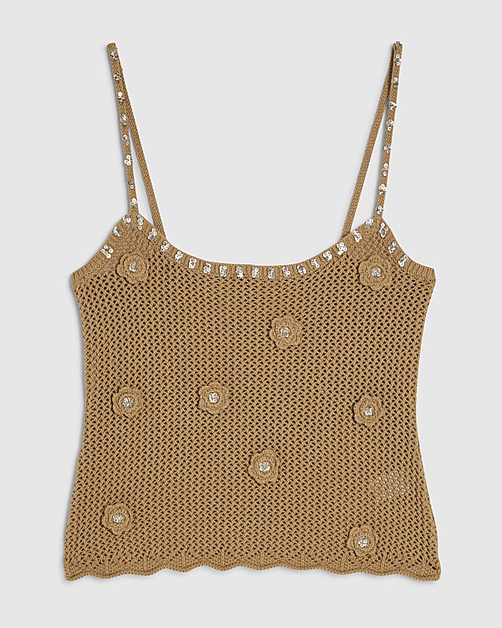 Brown Embellished Flower Knit Cami Top
