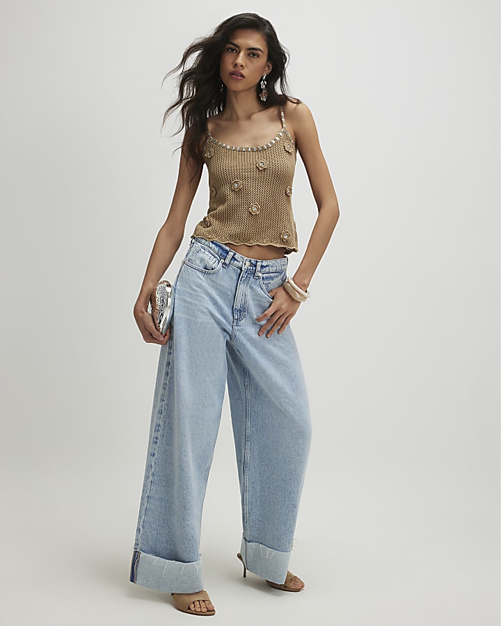 Brown Embellished Flower Knit Cami Top