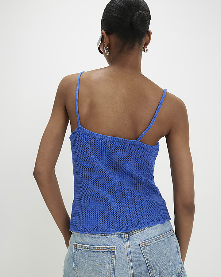 Blue Embellished Flower Knit Cami Top