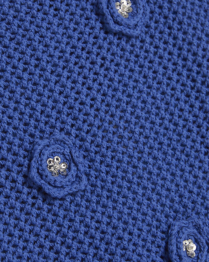Blue Embellished Flower Knit Cami Top