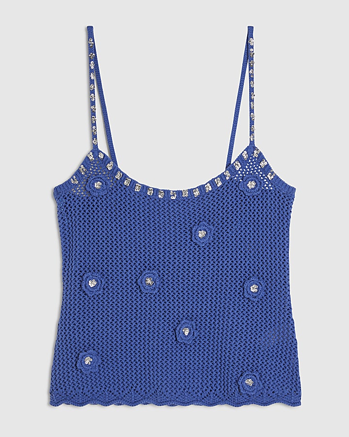 Blue Embellished Flower Knit Cami Top