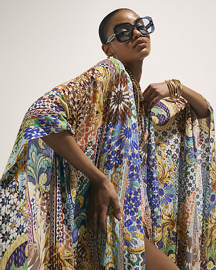 Blue Tile Print Maxi Kaftan