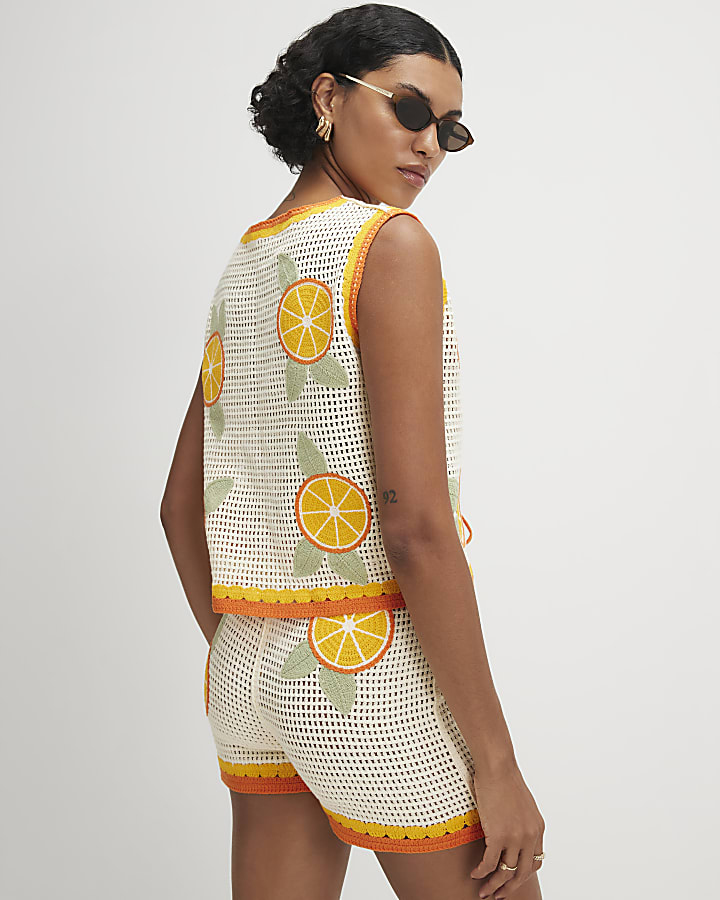 White Crochet Knit Tie Front Top