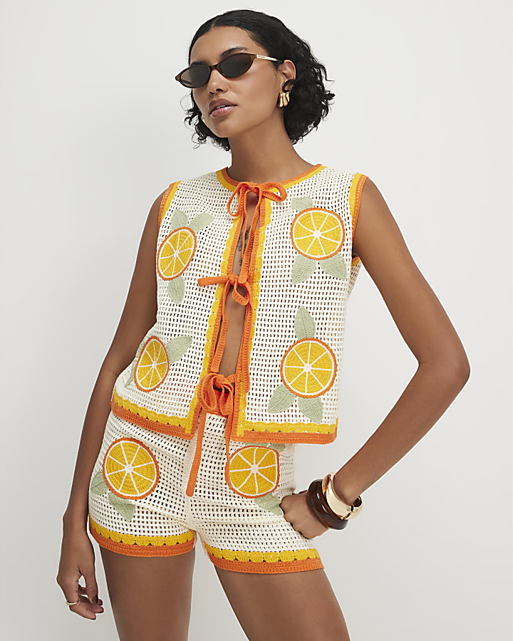 White Crochet Knit Tie Front Top