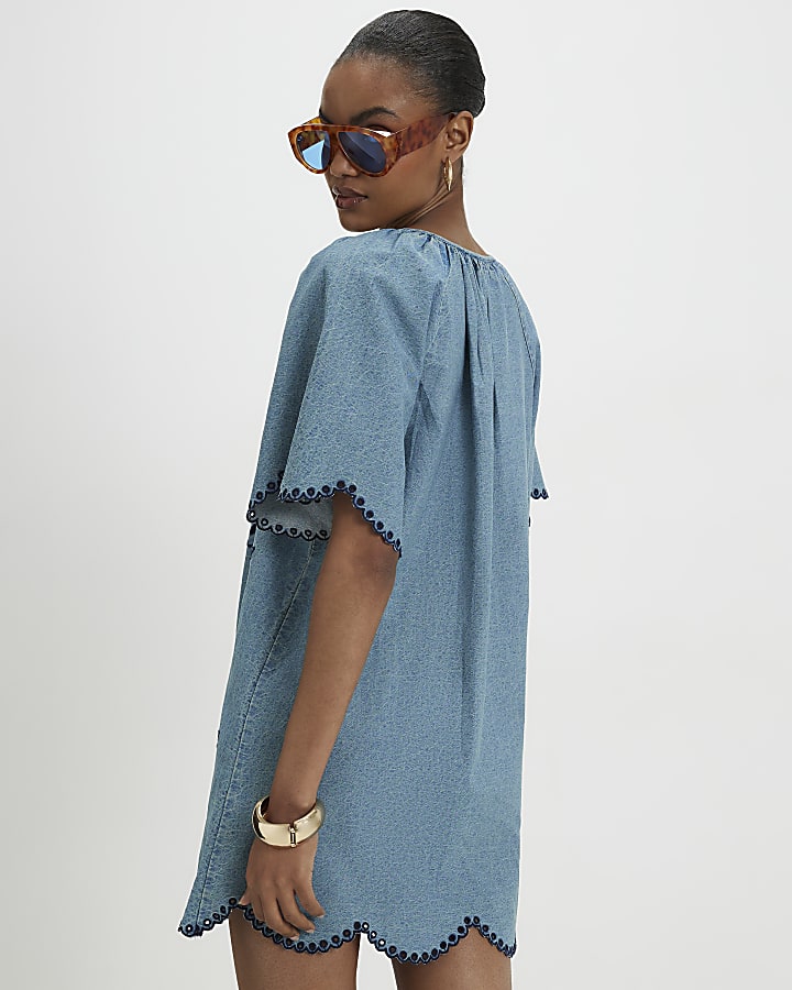 Blue Floral Embroidered Denim Mini Dress