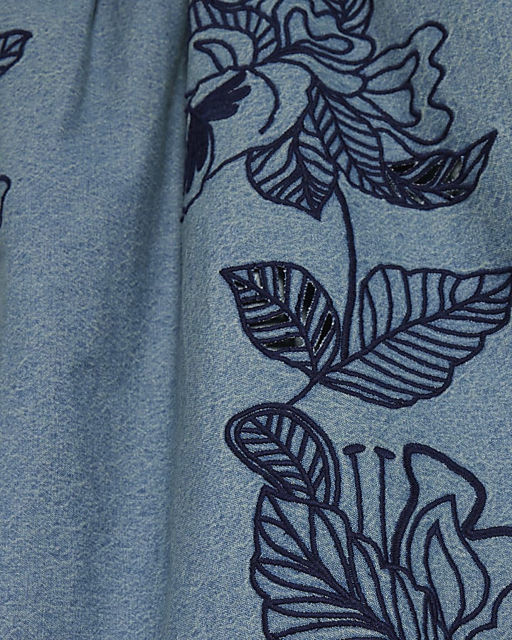 Blue Floral Embroidered Denim Mini Dress