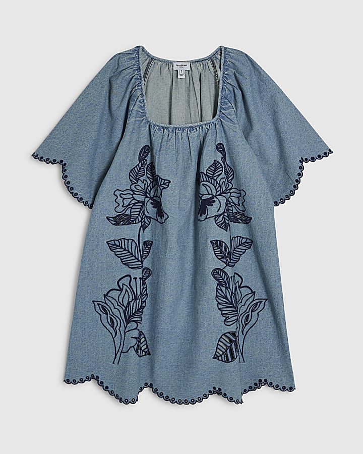 Blue Floral Embroidered Denim Mini Dress