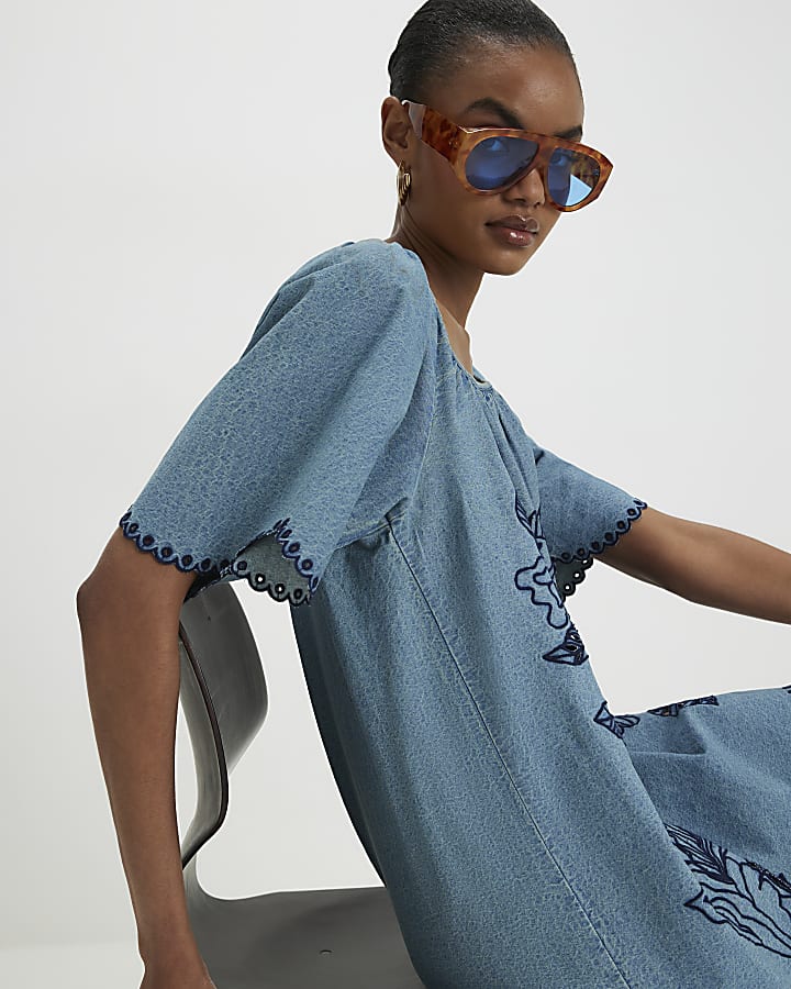 Blue Floral Embroidered Denim Mini Dress