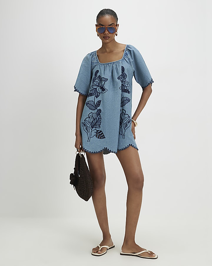 Blue Floral Embroidered Denim Mini Dress