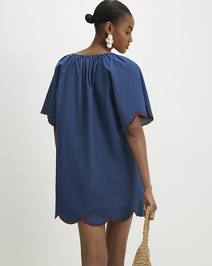 Blue Floral Embroidered Denim Mini Dress