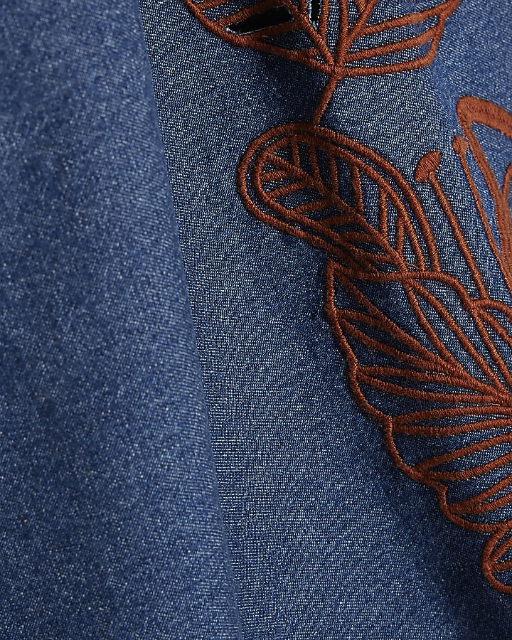 Blue Floral Embroidered Denim Mini Dress