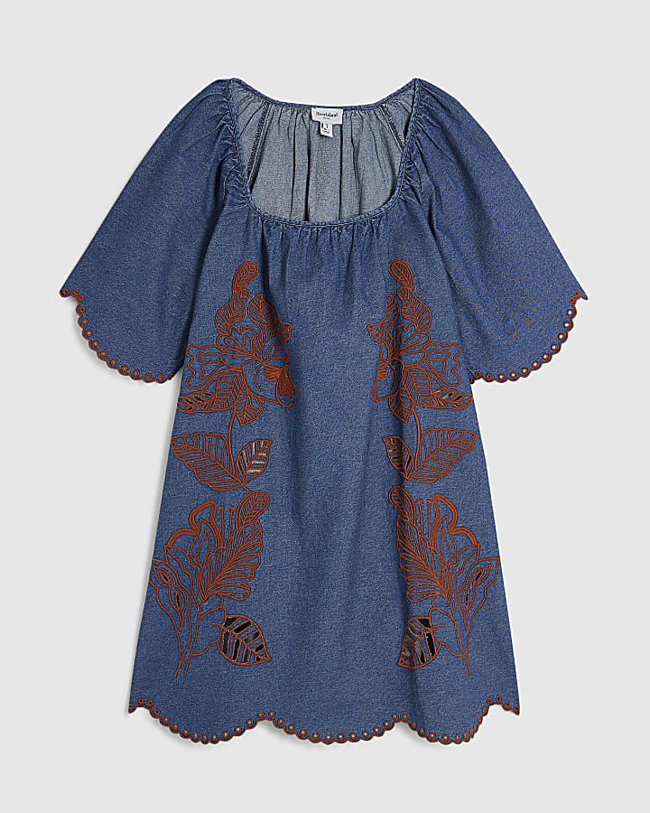 Blue Floral Embroidered Denim Mini Dress