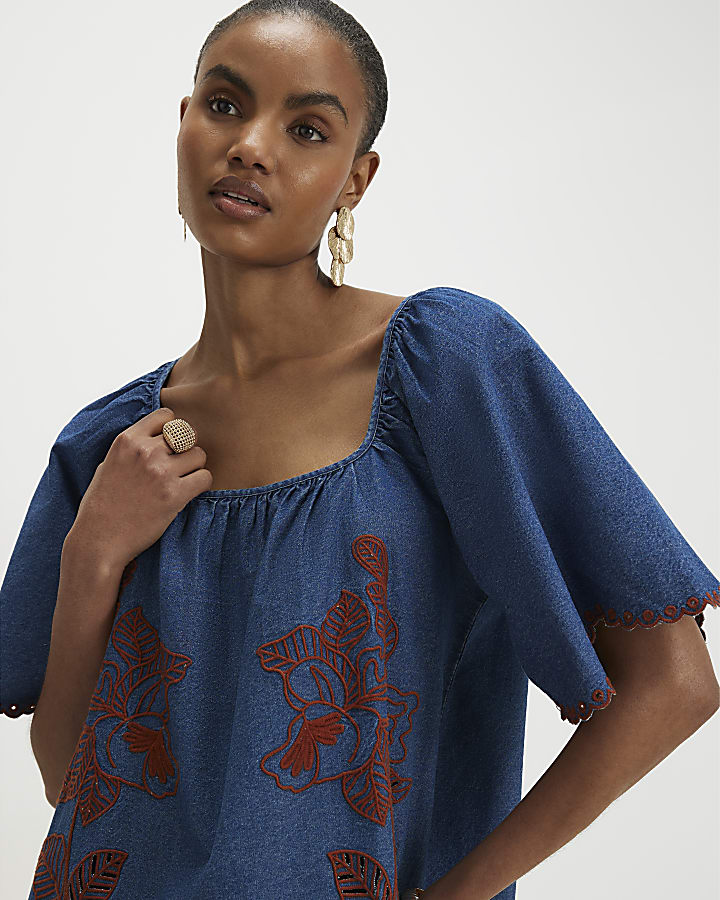 Blue Floral Embroidered Denim Mini Dress
