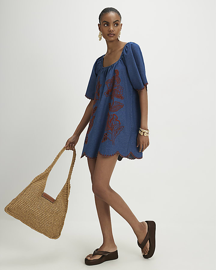 Blue Floral Embroidered Denim Mini Dress