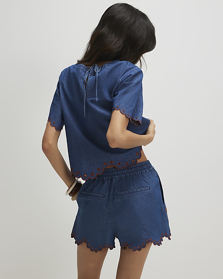 Blue Denim Broderie Shorts
