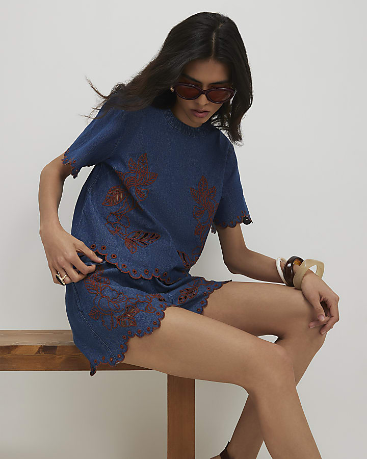 Blue Denim Broderie Shorts