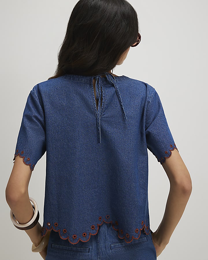 Blue Denim Broderie Short Sleeve Top