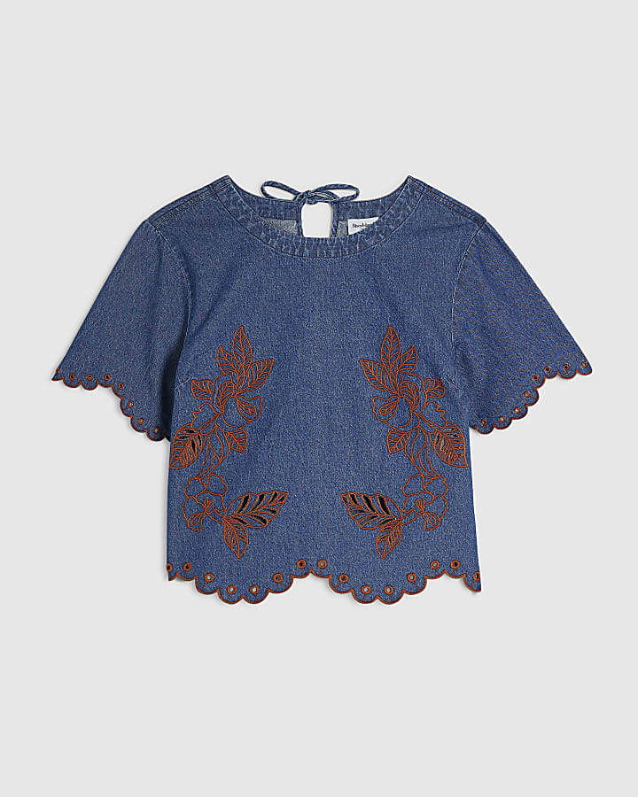 Blue Denim Broderie Short Sleeve Top