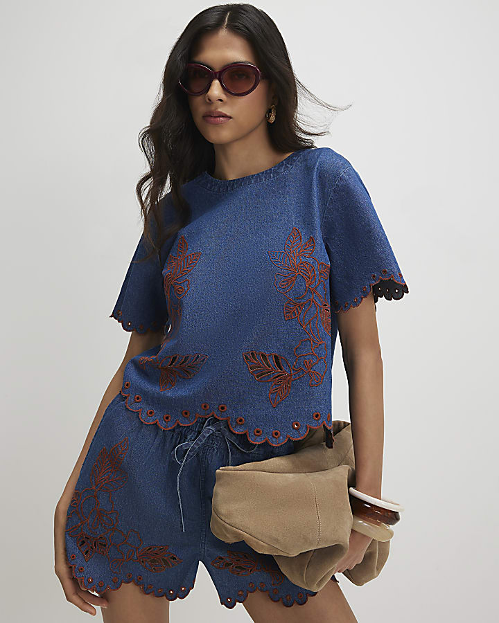 Blue Denim Broderie Short Sleeve Top