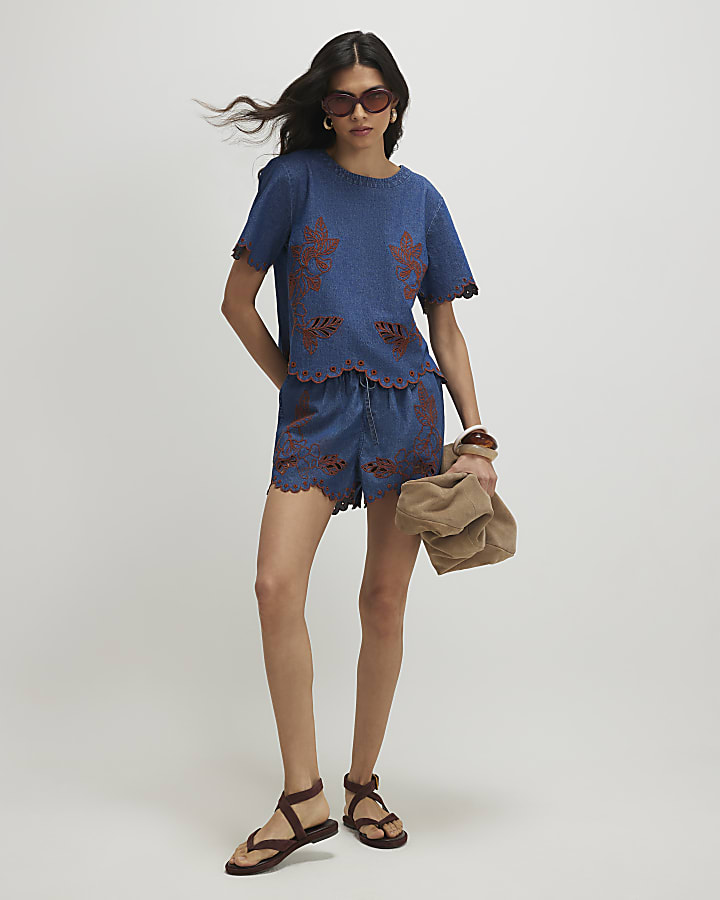 Blue Denim Broderie Short Sleeve Top