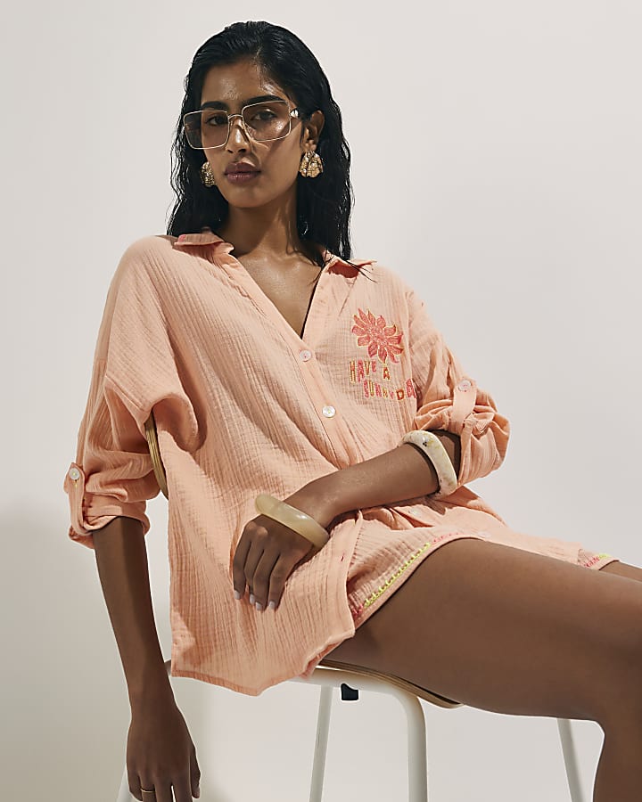 Orange Long Sleeve Textured Beach Shirt