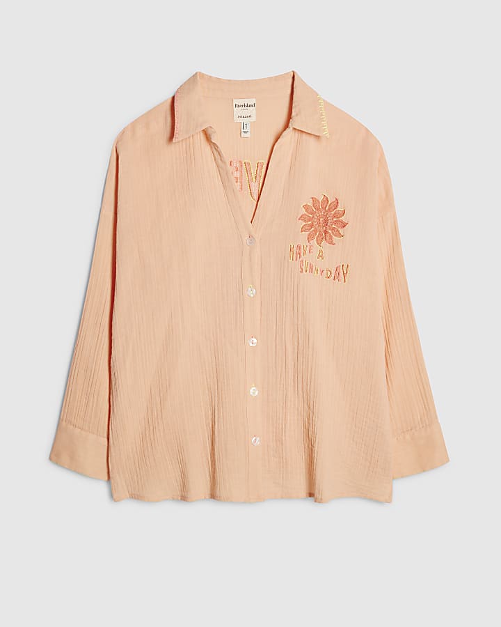 Orange Long Sleeve Textured Beach Shirt