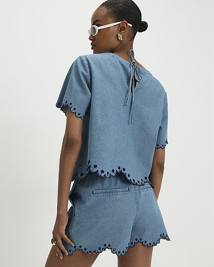 Blue Denim Broderie Short Sleeve Top
