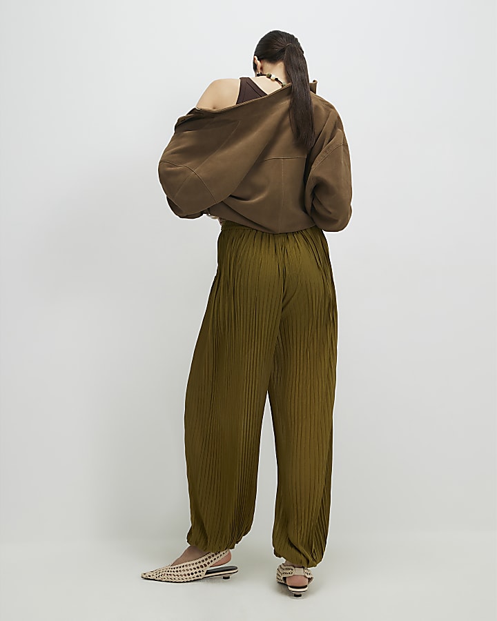 Khaki Pleated Mesh Balloon Leg Trousers