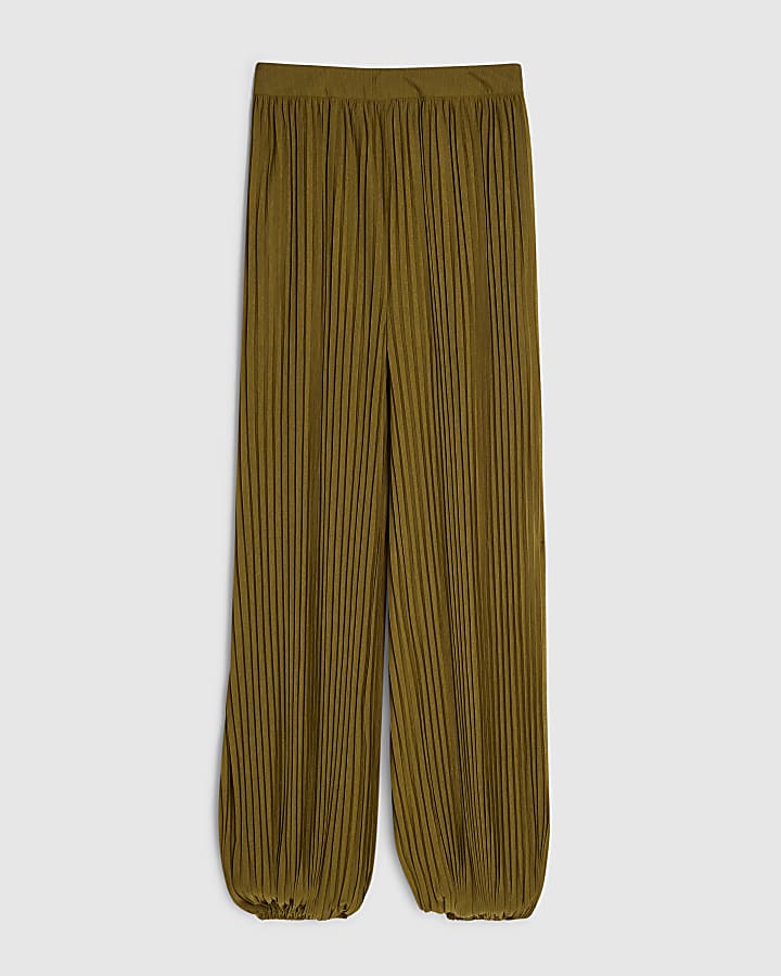 Khaki Pleated Mesh Balloon Leg Trousers