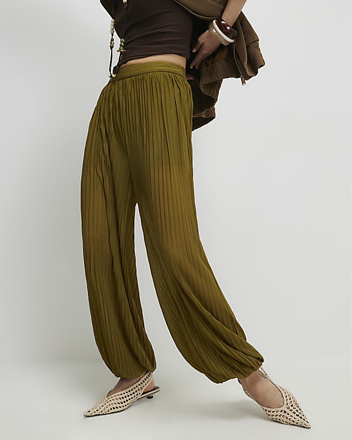 Khaki Pleated Mesh Balloon Leg Trousers