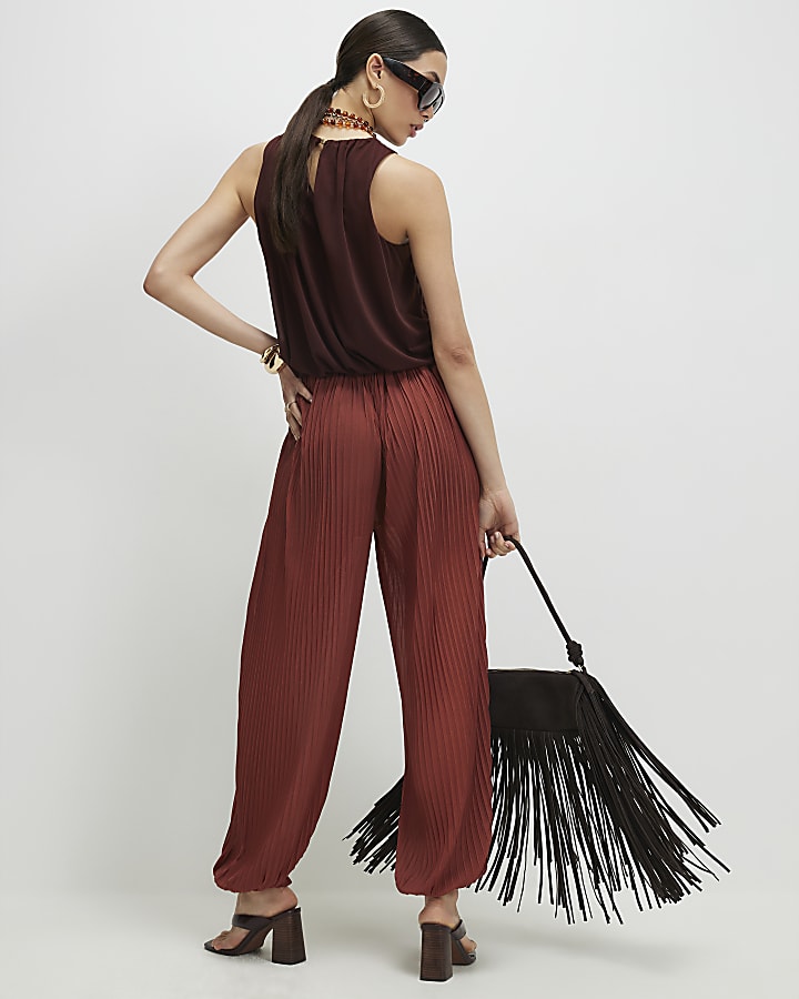 Brown Pleated Mesh Balloon Leg Trousers