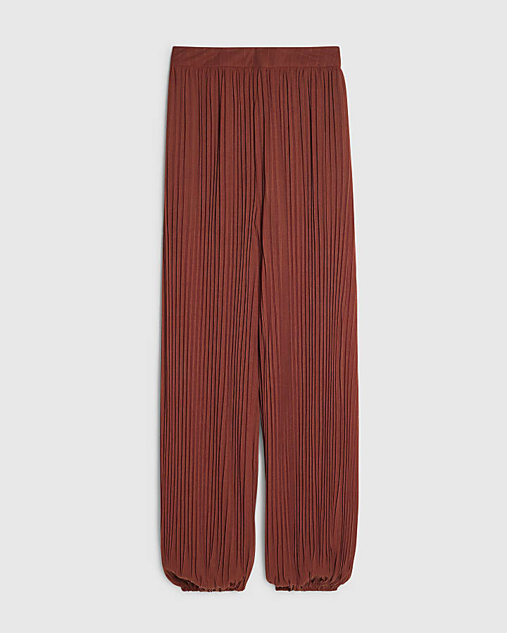 Brown Pleated Mesh Balloon Leg Trousers